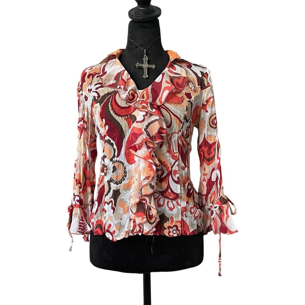 Vintage Y2K Euro 70s Inspired Floral Crinkle Mesh Top